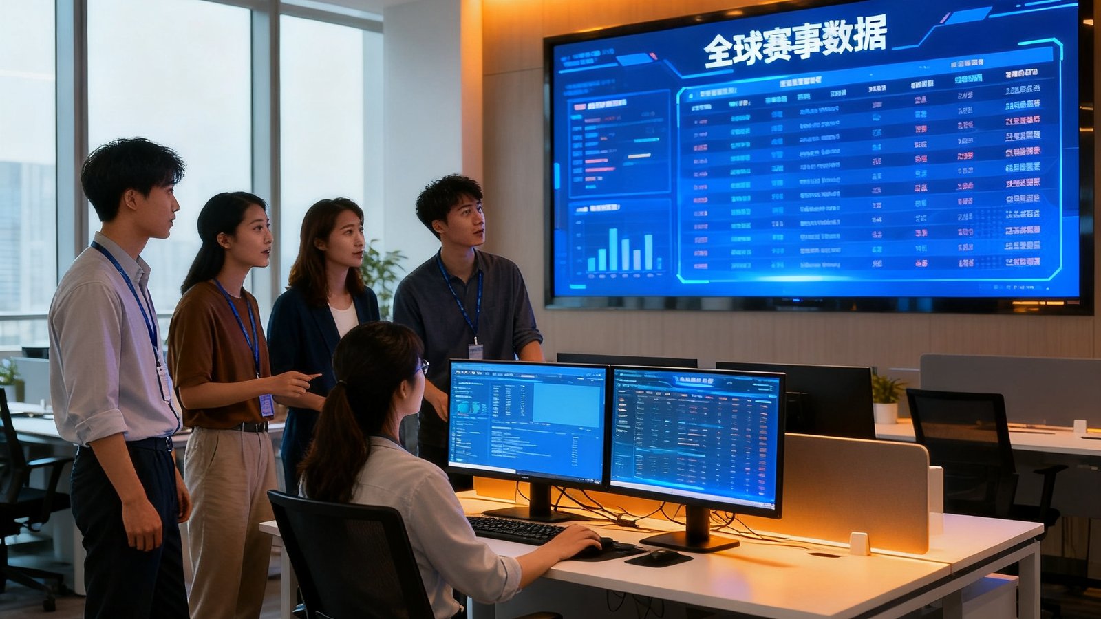 比分网北京办公室开放式办公区，年轻的技术团队成员在双屏工作站前协作讨论，墙上大屏幕实时滚动全球赛事数据